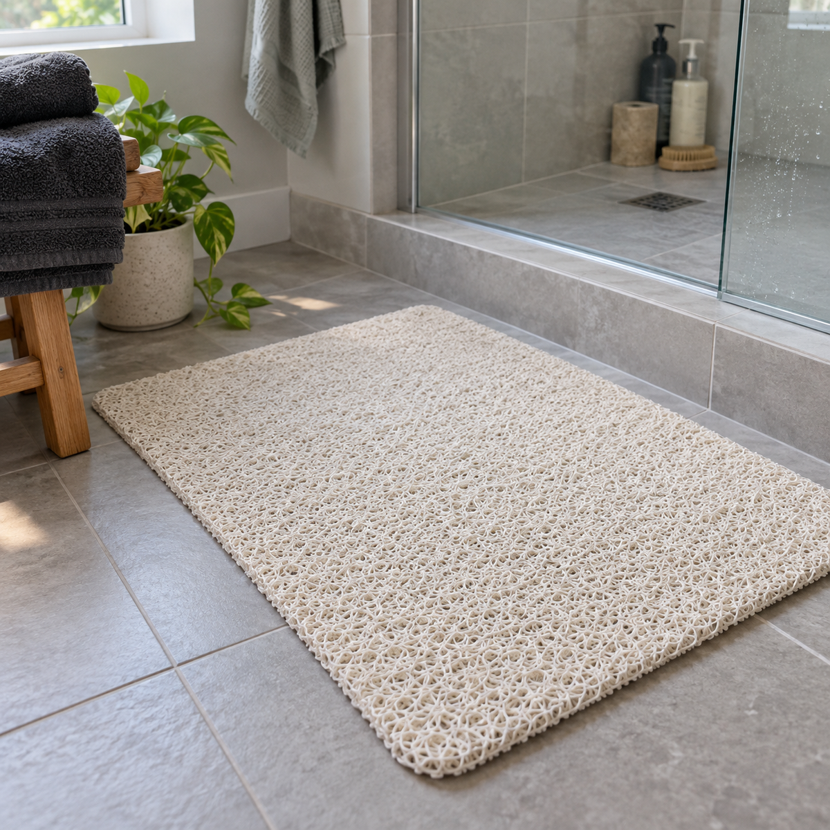 White shower mat in a modern bathroom