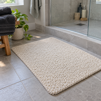 White shower mat in a modern bathroom