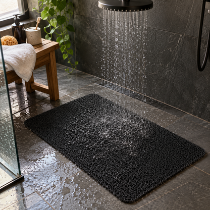 Black shower mat on a slate shower floor