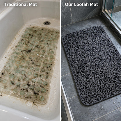 Worn traditional bath mat with mildew stains next to a clean loofah shower mat