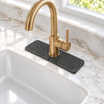 Dark grey diatomite sink mat, 15.7 in, around a brass faucet on white marble