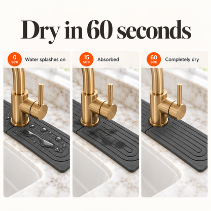 Diatomite sink mat absorbs splashes in 15 seconds and is completely dry in 60 seconds