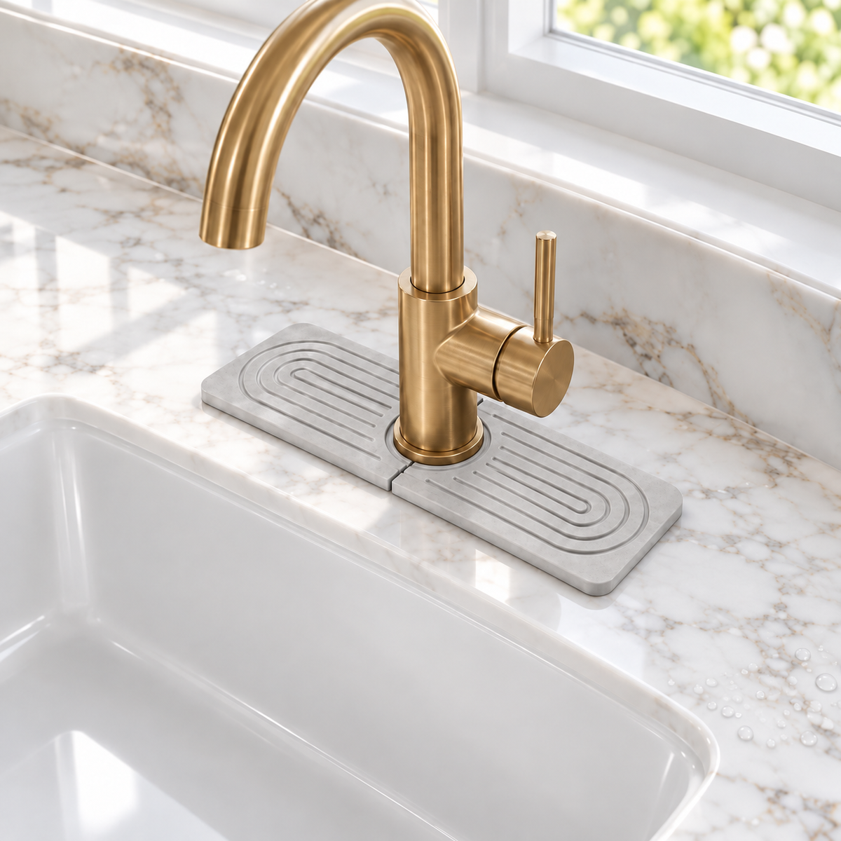 Light grey diatomite sink mat, 15.7 in, around a brass faucet on white marble