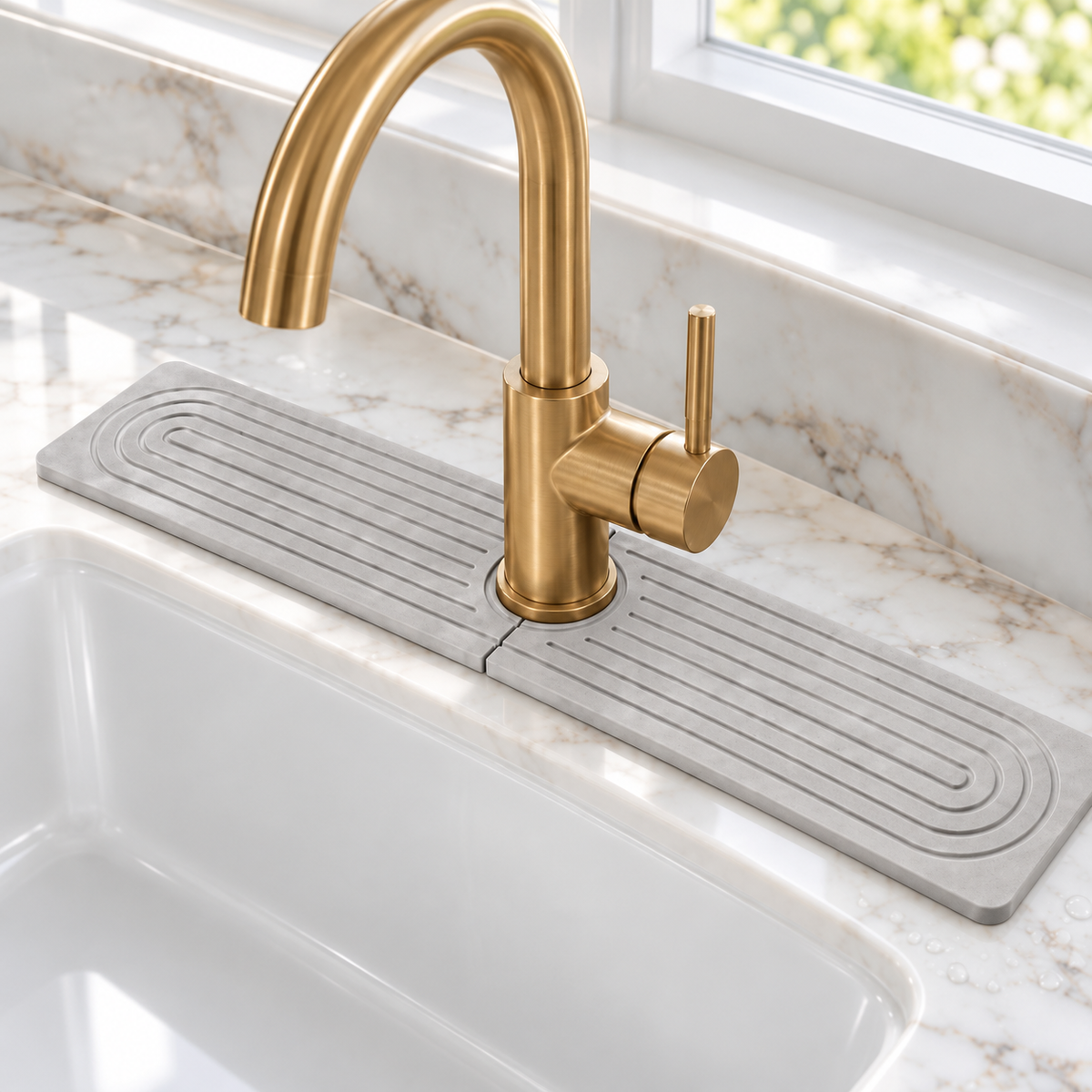 Light grey diatomite sink mat, 23.6 in, around a brass faucet on white marble