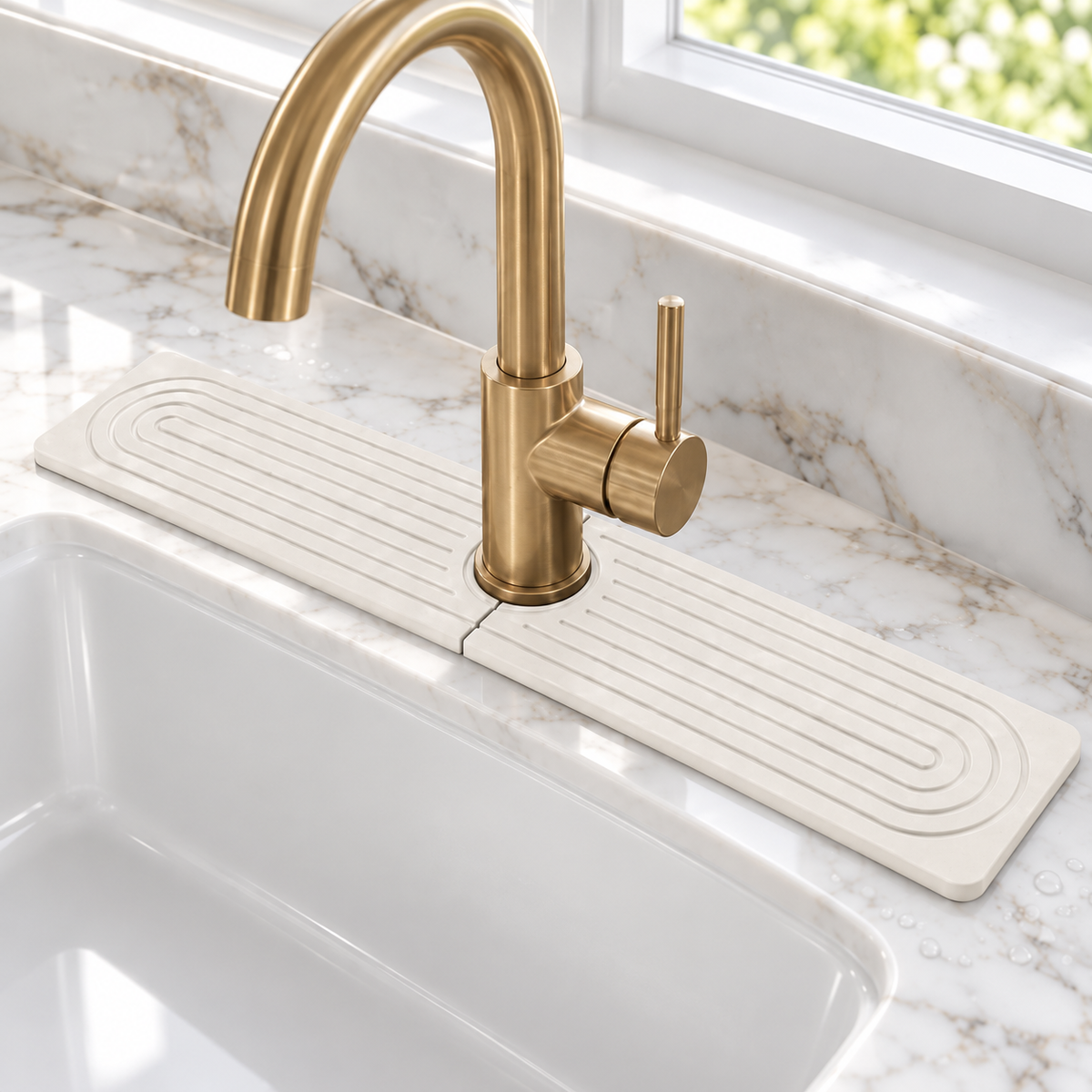 White diatomite sink mat, 23.6 in, around a brass faucet on white marble