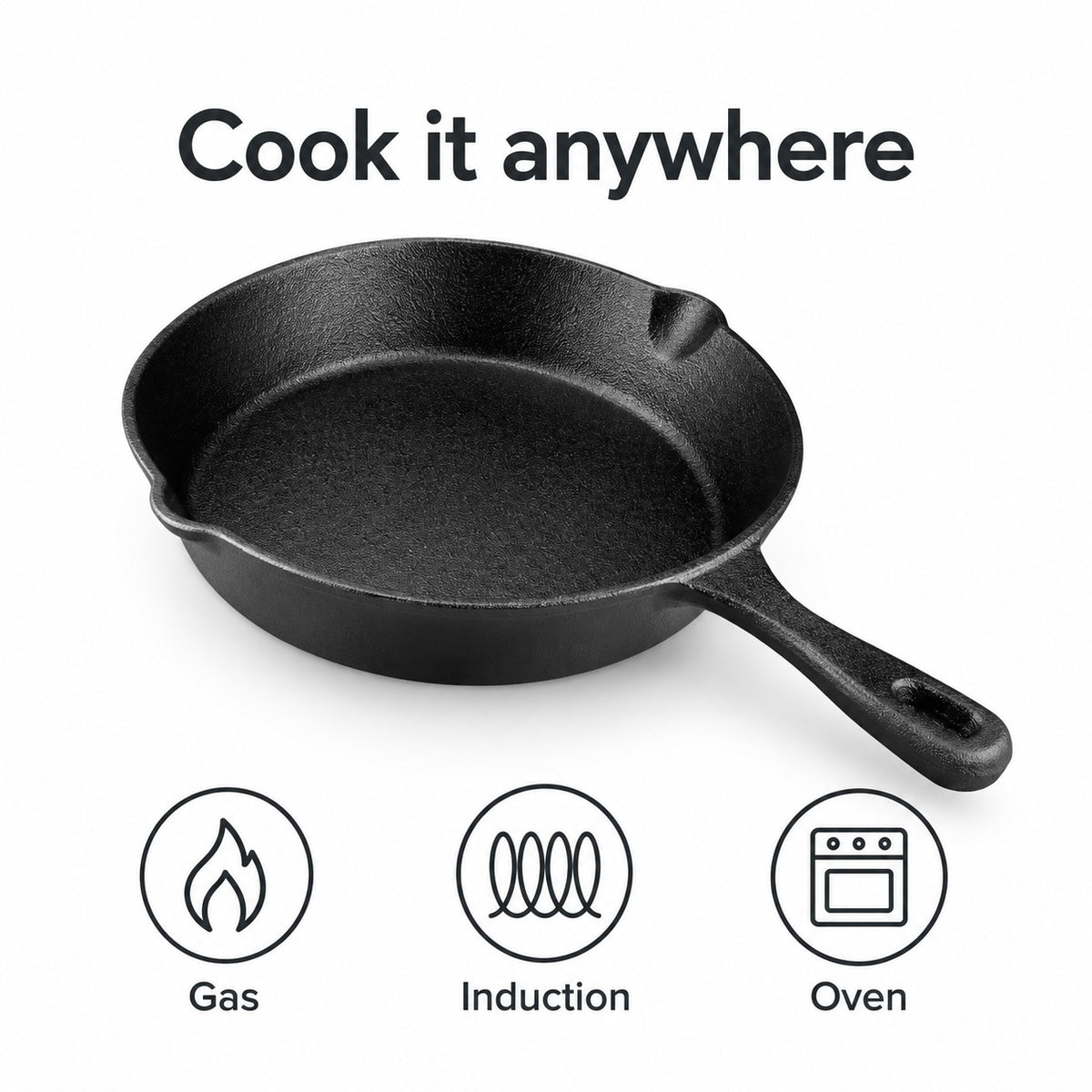Cast iron skillet works on gas, induction and in the oven