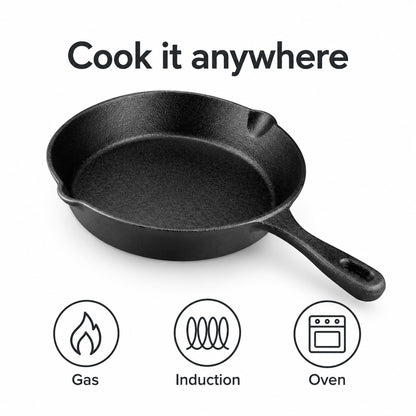 Cast iron skillet works on gas, induction and in the oven
