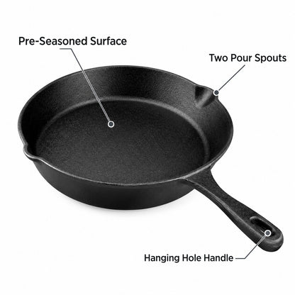 Cast iron skillet with pre-seasoned surface, two pour spouts and hanging hole handle
