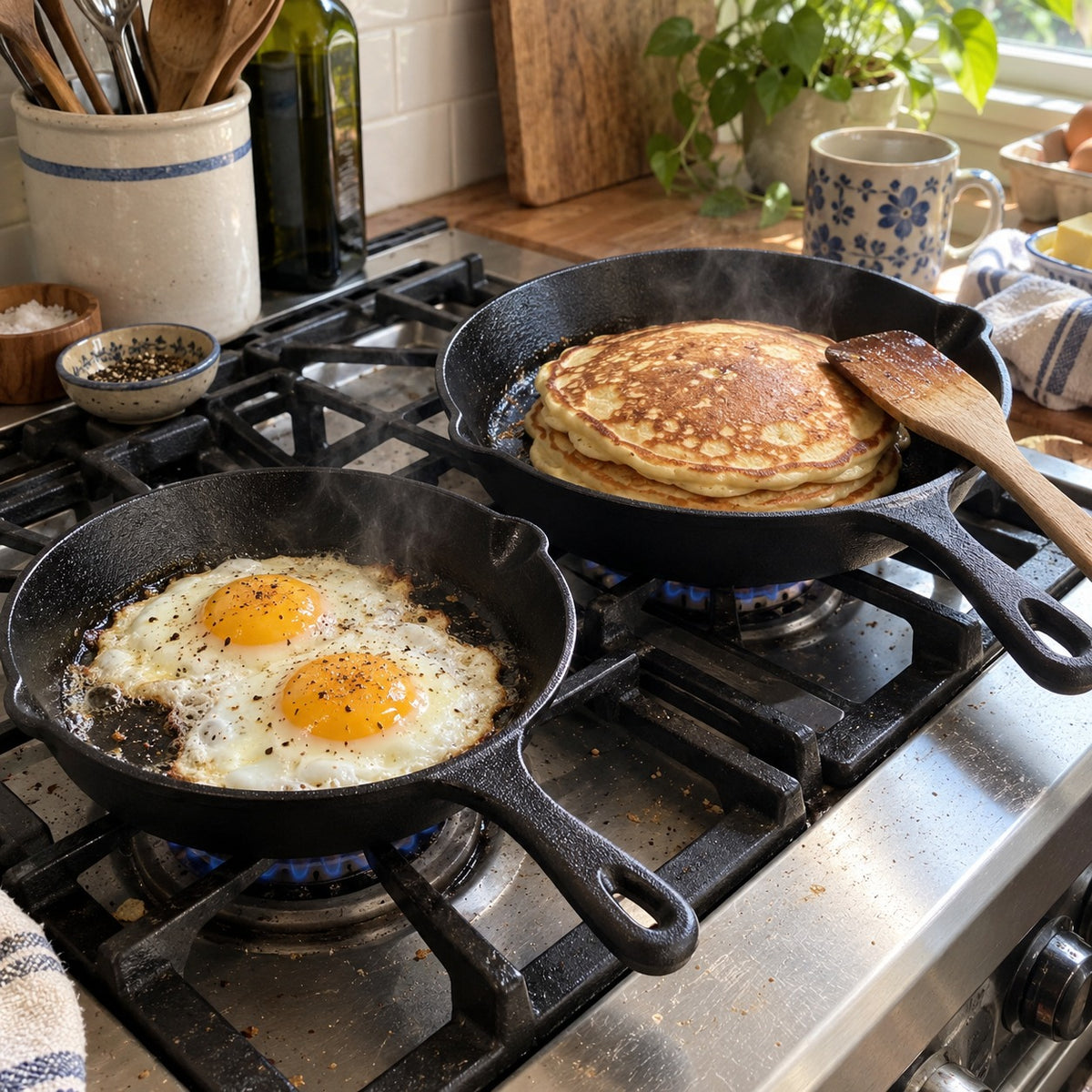 Fried eggs and pancakes cooking in two cast iron skillets on a gas stove
