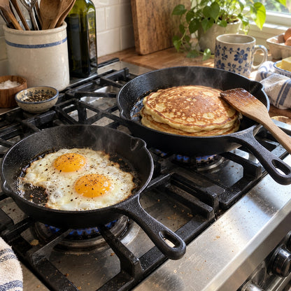 Fried eggs and pancakes cooking in two cast iron skillets on a gas stove