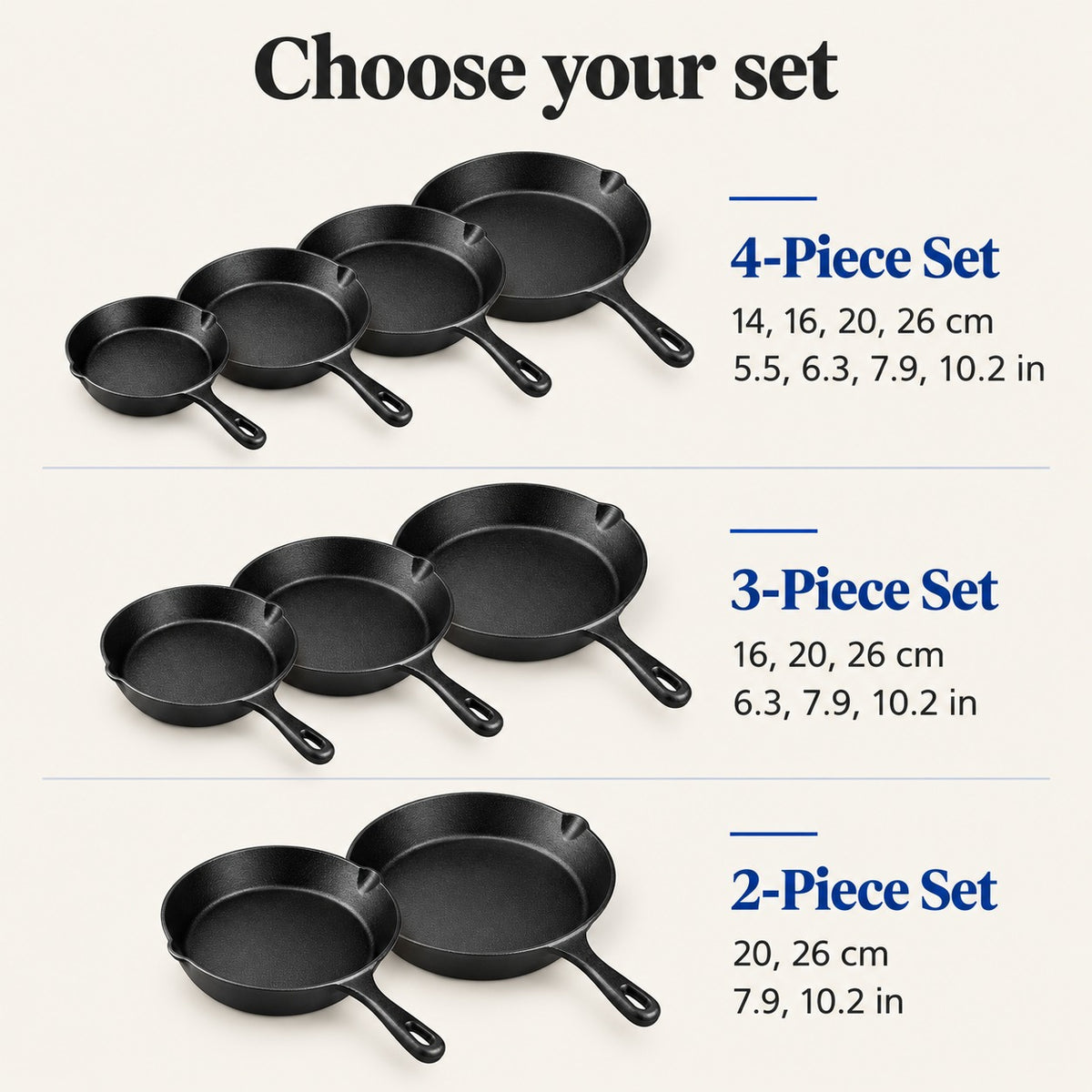 Choose your set: 4-piece, 3-piece or 2-piece cast iron skillet set with sizes