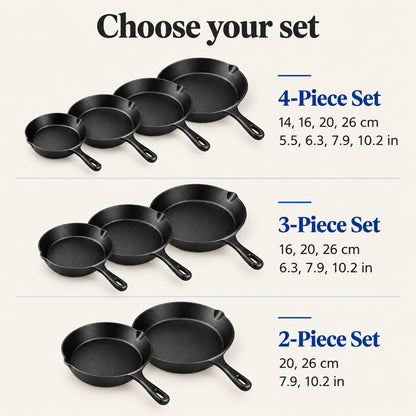 Choose your set: 4-piece, 3-piece or 2-piece cast iron skillet set with sizes