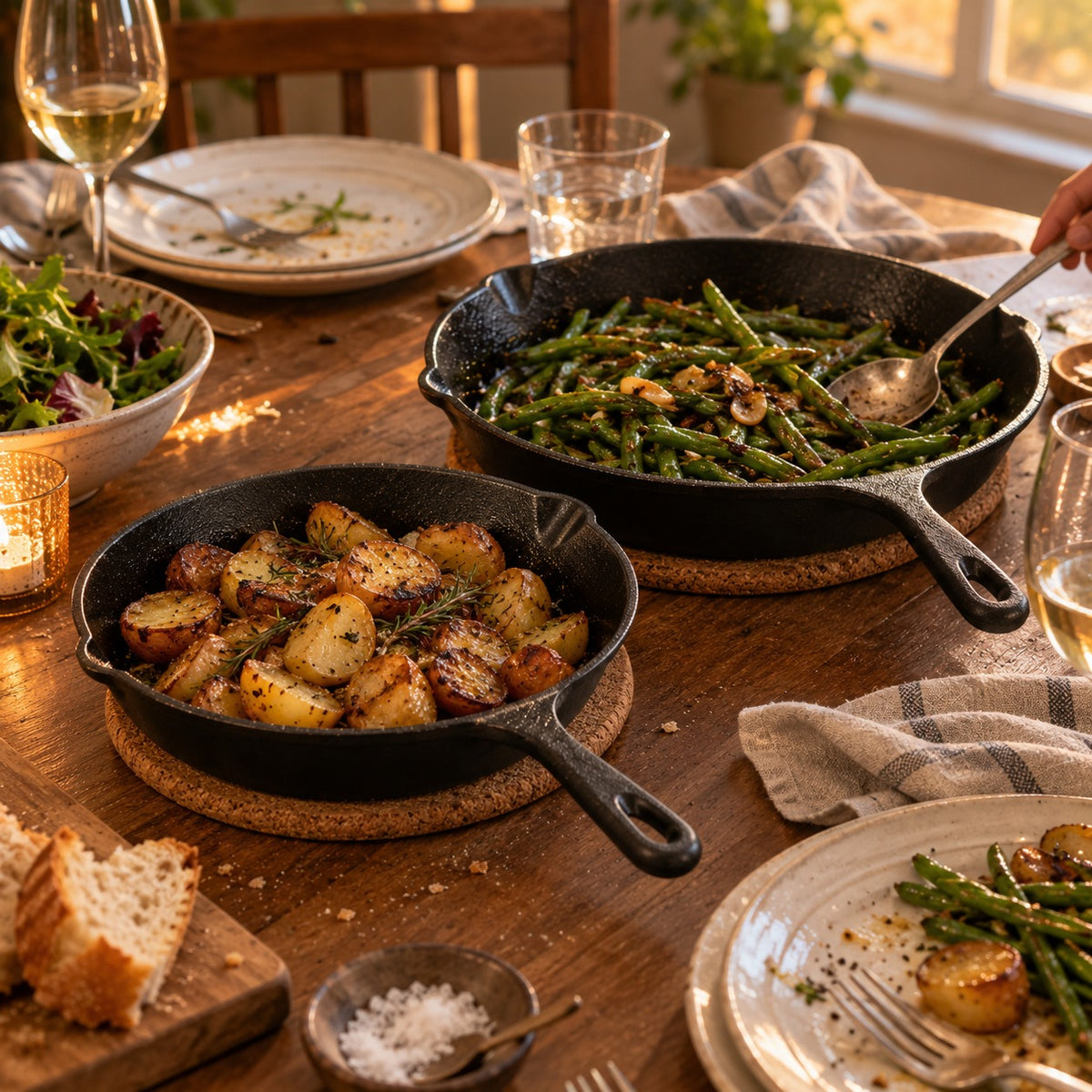 Cast iron skillets used as serving dishes on a dinner table