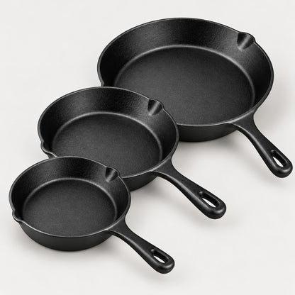 Three pre-seasoned cast iron skillets, 16, 20 and 26 cm, in a staggered row