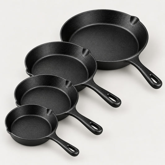 Four pre-seasoned cast iron skillets, 14, 16, 20 and 26 cm, in a staggered row