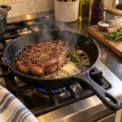 Steak searing in a cast iron skillet with butter and rosemary