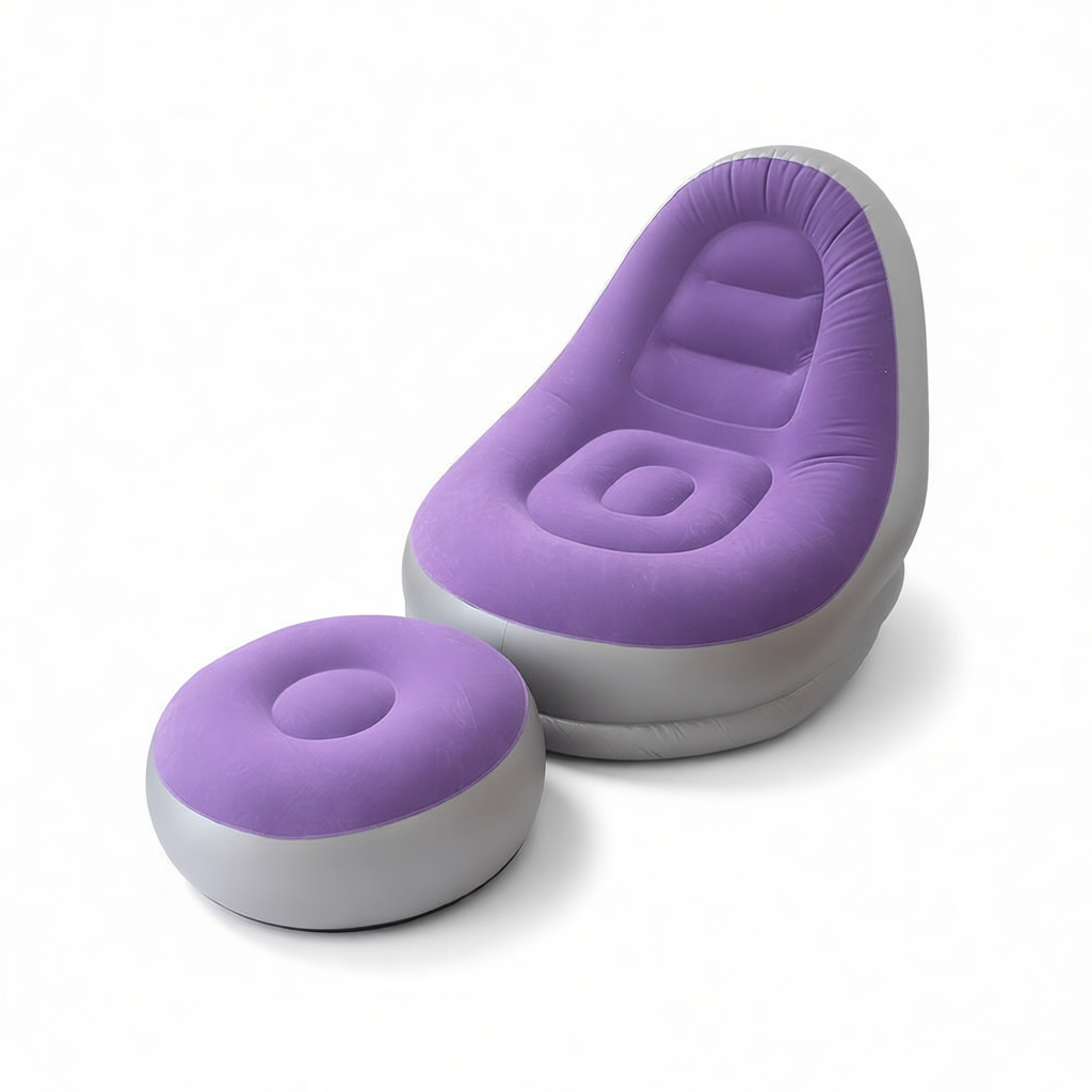 Purple inflatable lounge chair with matching ottoman on a white background
