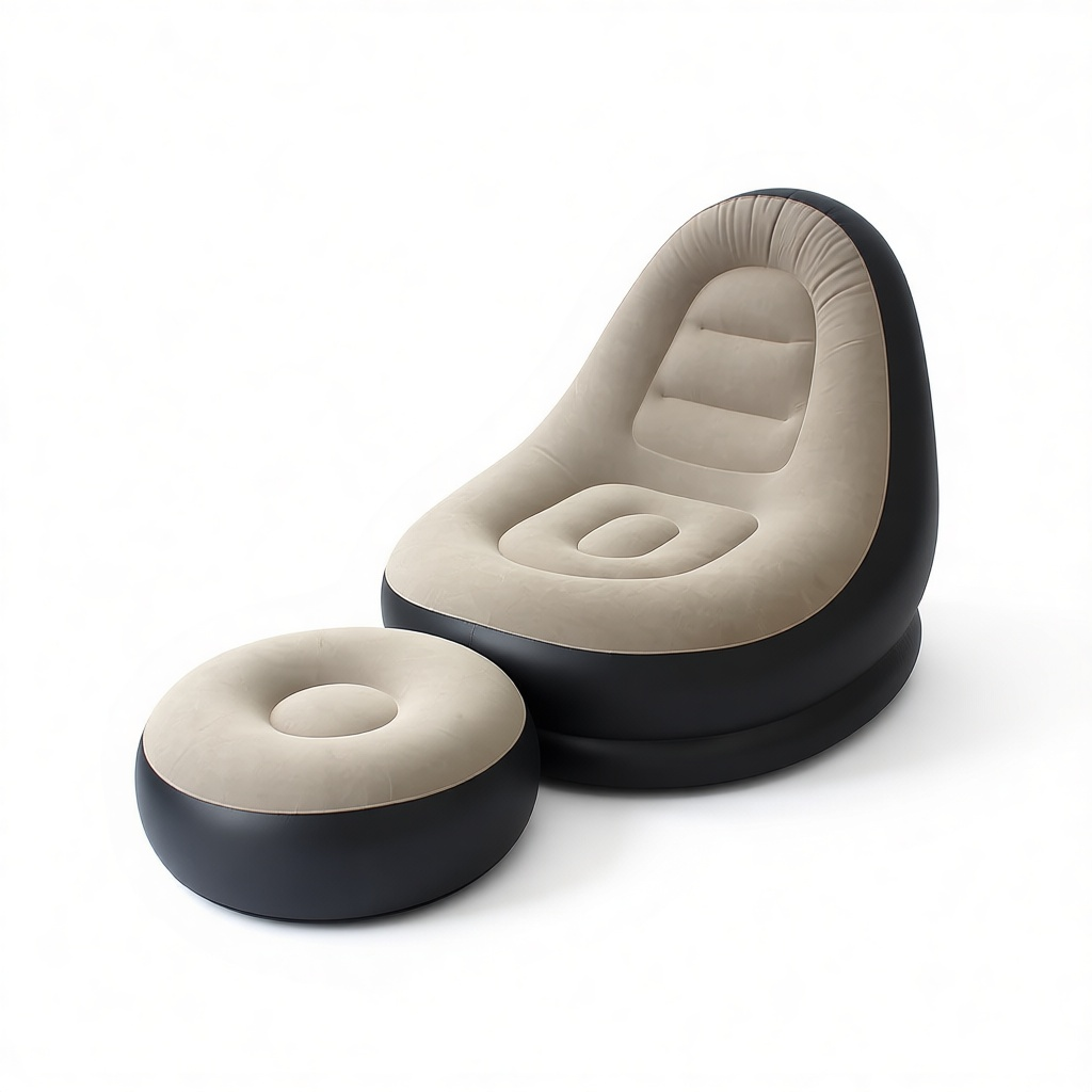 Taupe inflatable lounge chair with matching ottoman on a white background