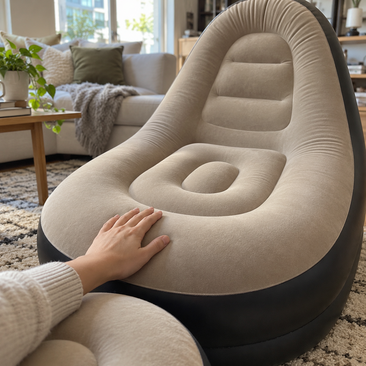 Close-up of the soft flocked seat of the taupe inflatable lounge chair