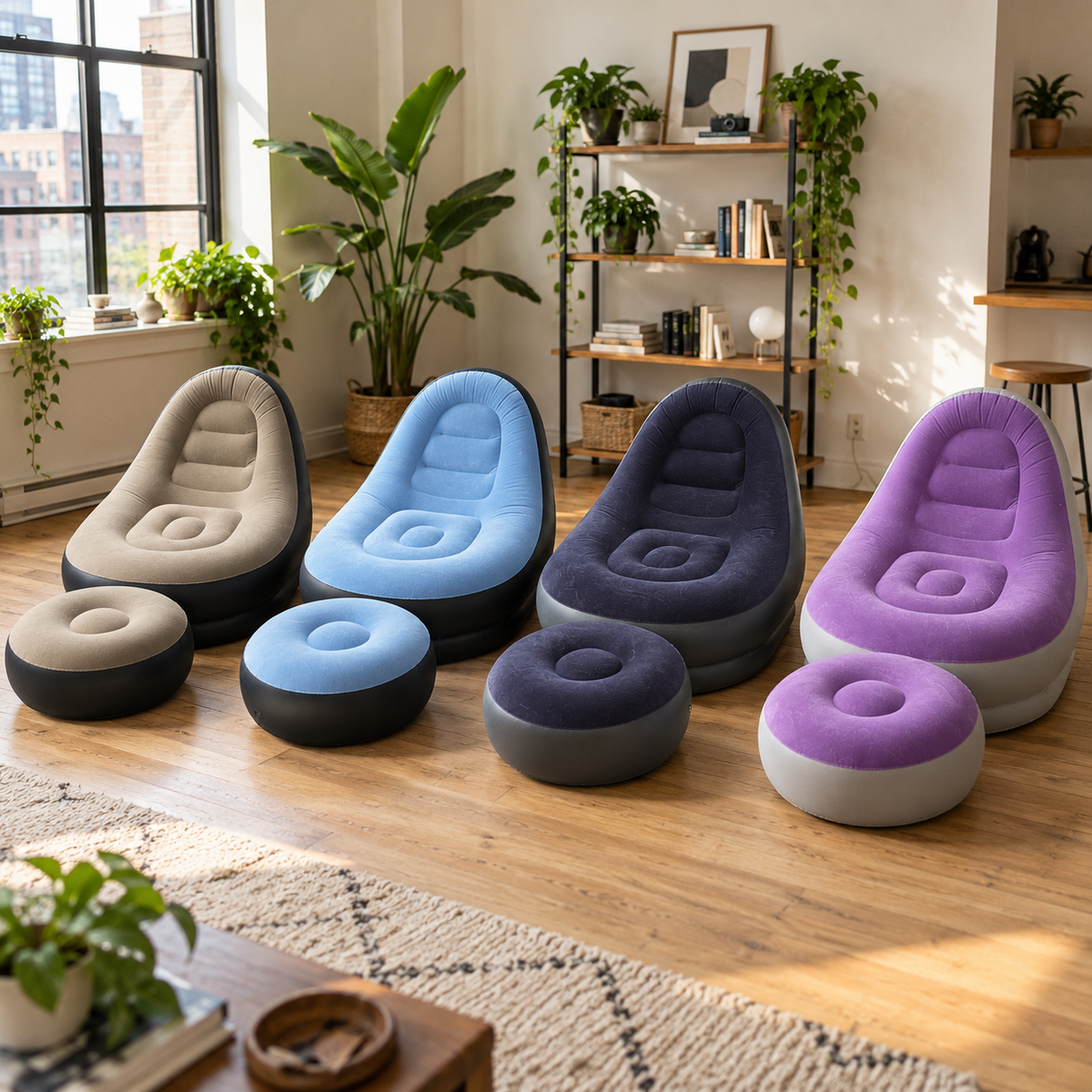 Inflatable lounge chair and ottoman sets in taupe, sky blue, navy blue and purple