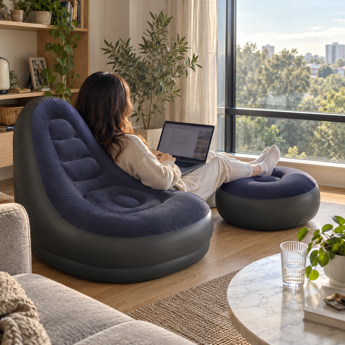Navy blue inflatable lounge chair and ottoman in a living room by a window