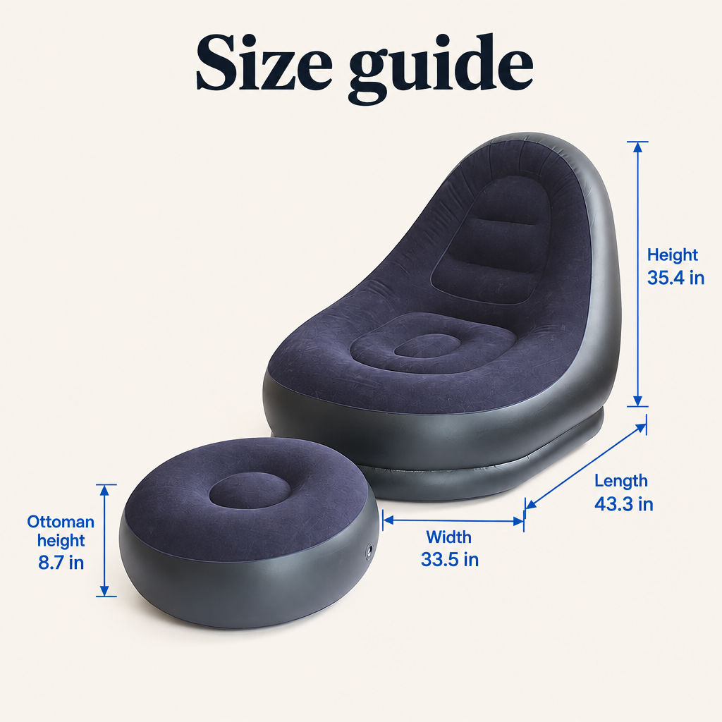 Navy blue chair and ottoman dimensions: 35.4 in tall, 43.3 in long, 33.5 in wide, ottoman 8.7 in tall
