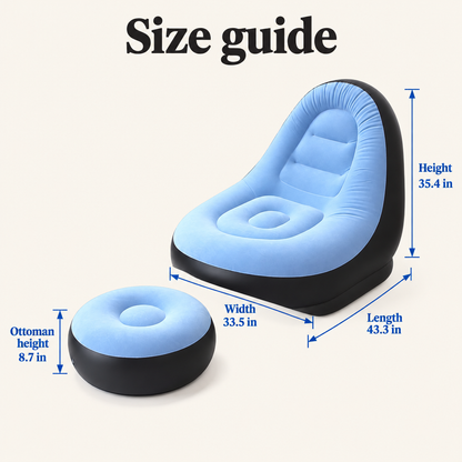 Sky blue chair and ottoman dimensions: 35.4 in tall, 43.3 in long, 33.5 in wide, ottoman 8.7 in tall