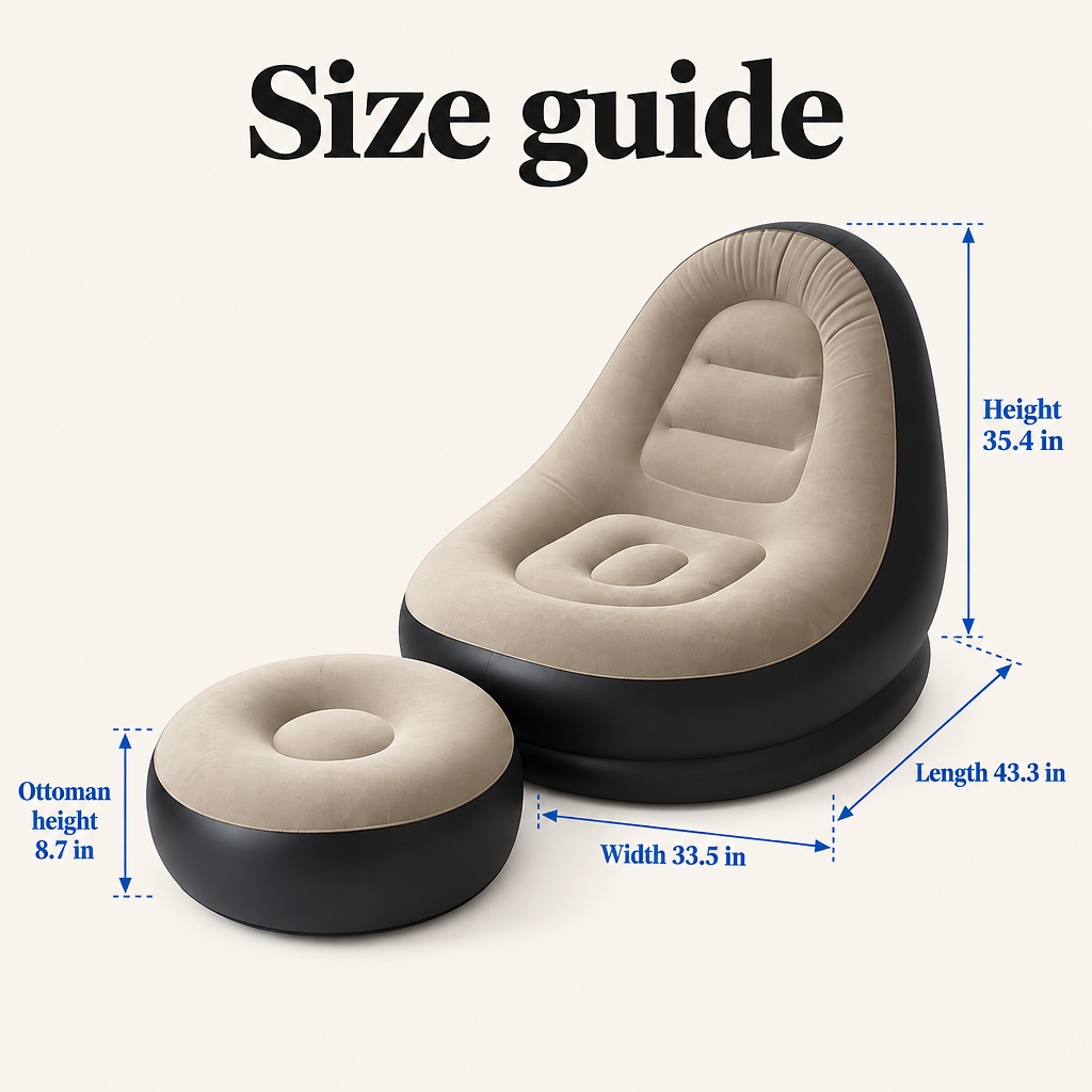 Taupe chair and ottoman dimensions: 35.4 in tall, 43.3 in long, 33.5 in wide, ottoman 8.7 in tall