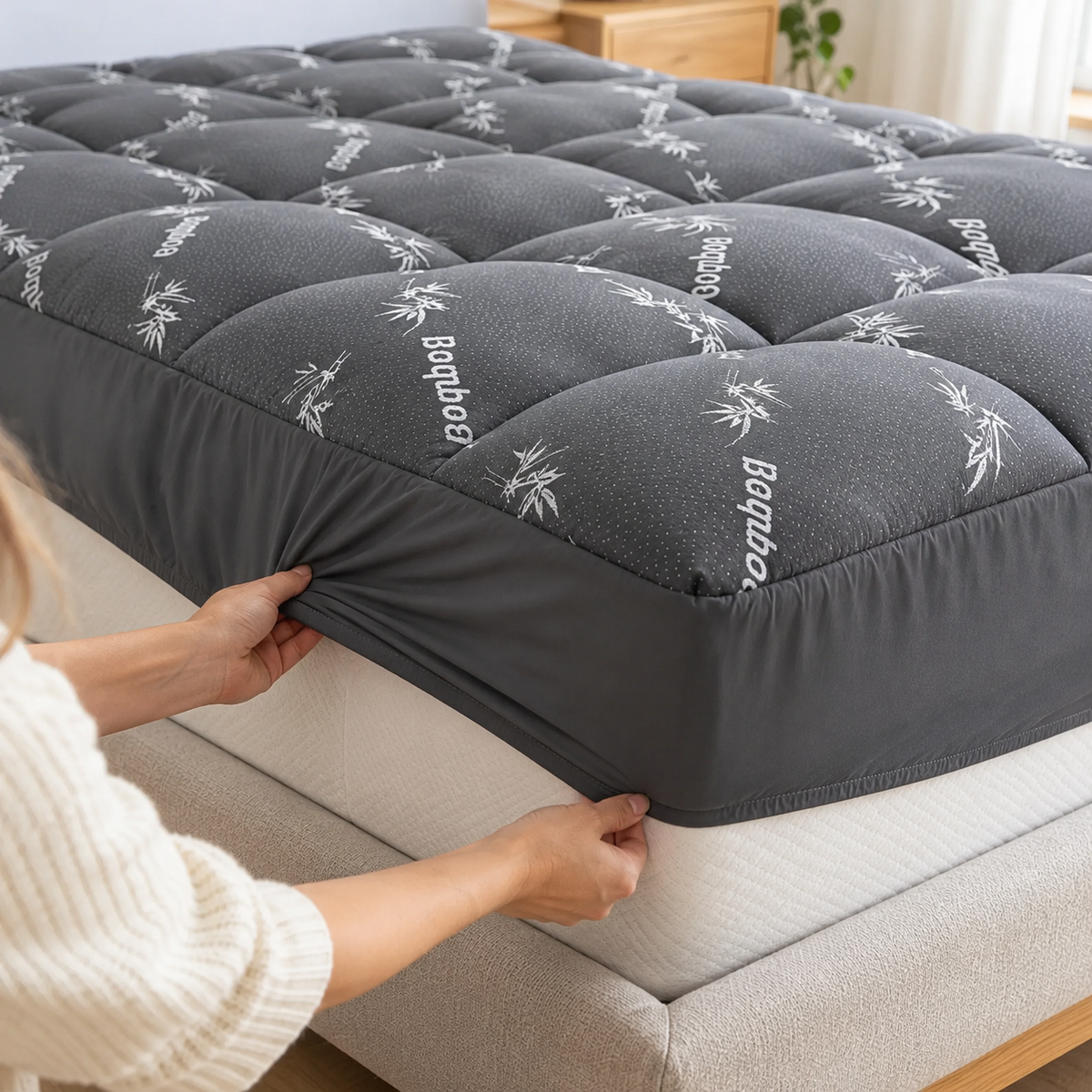 Deep pocket skirt wrapped around a mattress corner