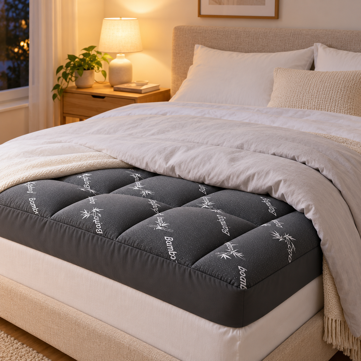 Mattress topper on a bed in warm evening light