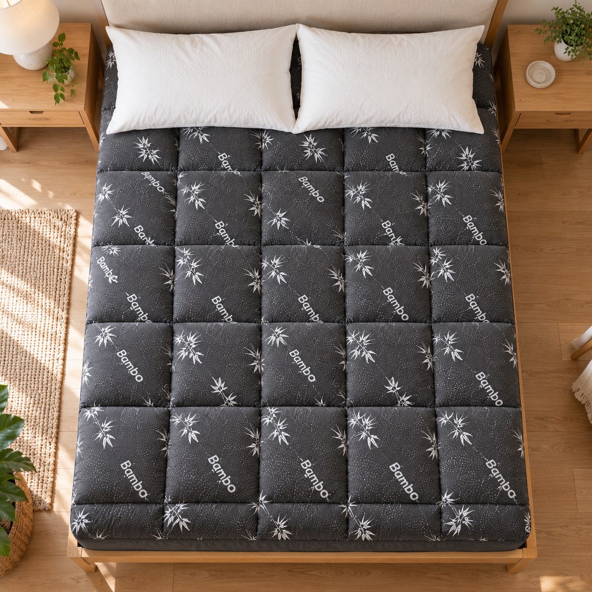 Overhead view of the mattress topper on a bed