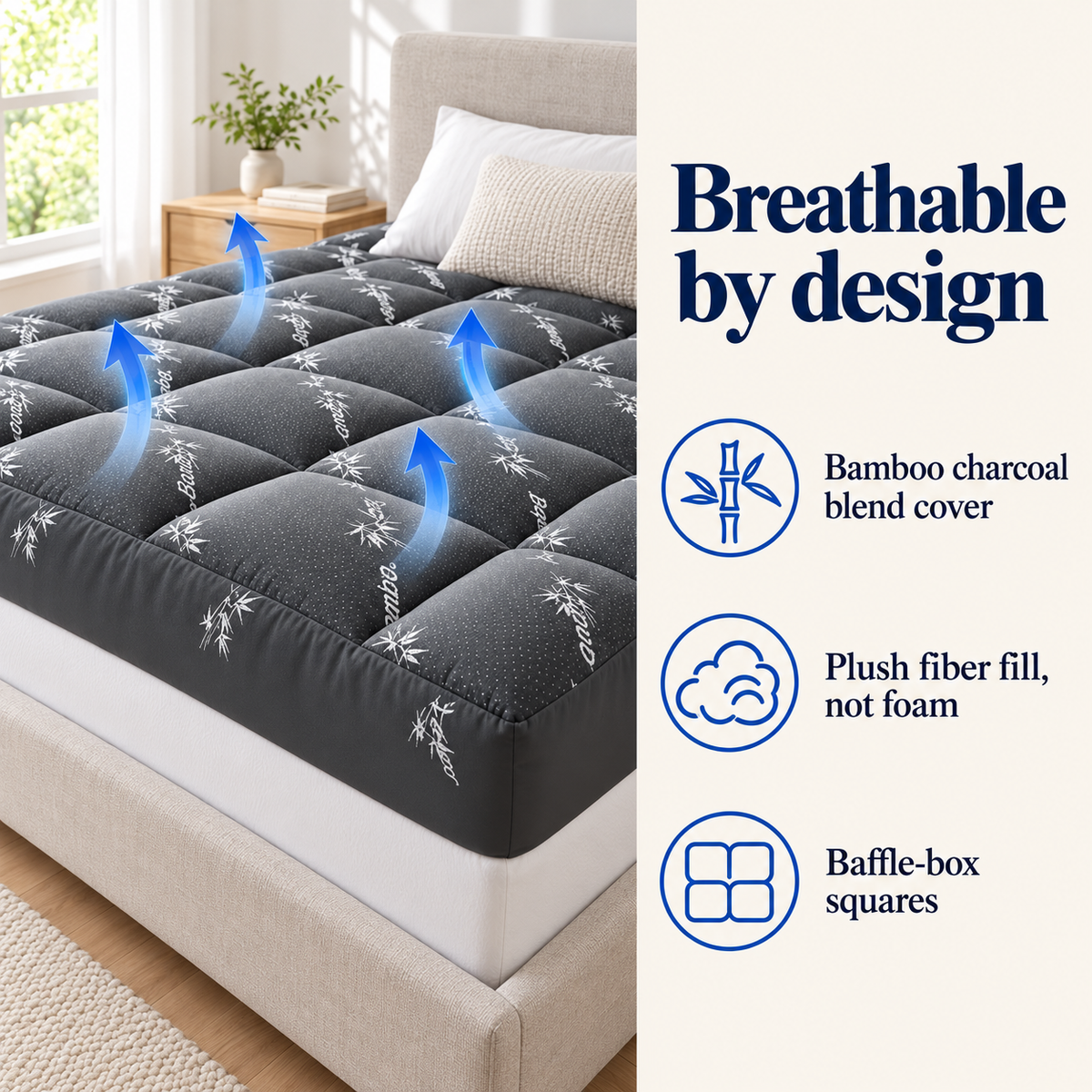 Breathable by design: bamboo charcoal blend cover, plush fiber fill, baffle-box squares