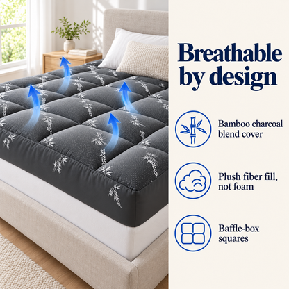 Breathable by design: bamboo charcoal blend cover, plush fiber fill, baffle-box squares