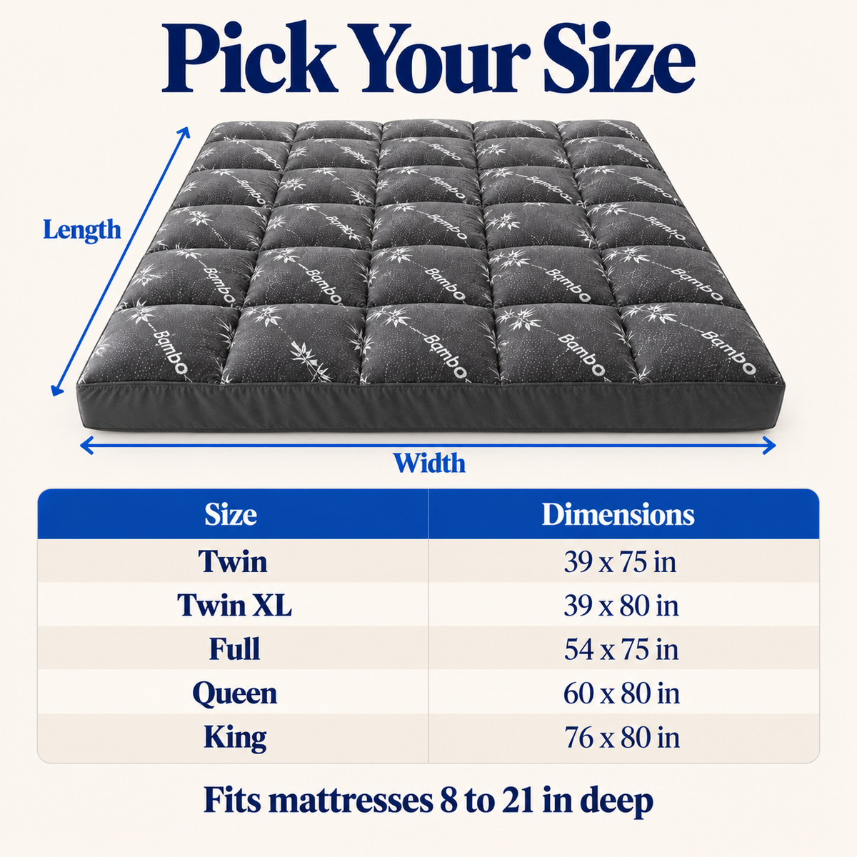 Mattress topper size chart