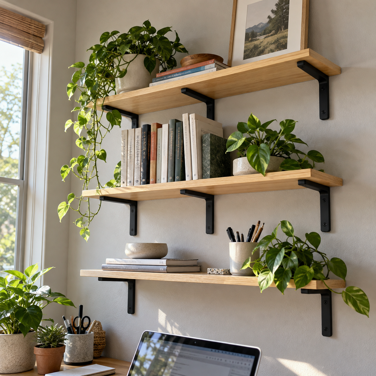 Three Natural Wood shelves above a home office desk