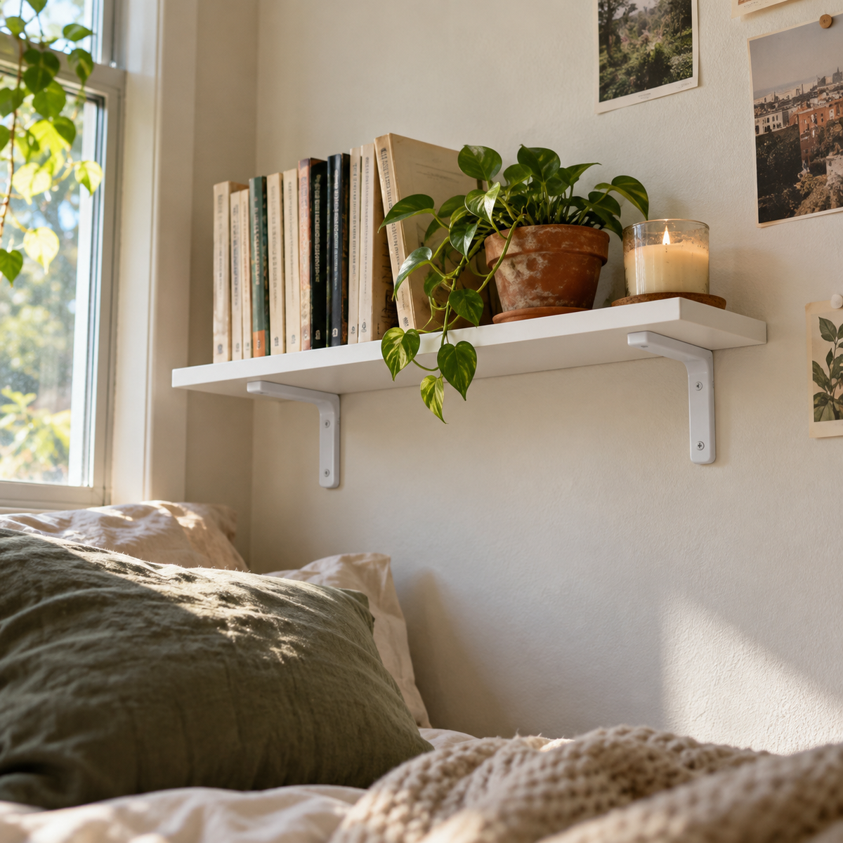 White wall shelf with white brackets in a bedroom nook