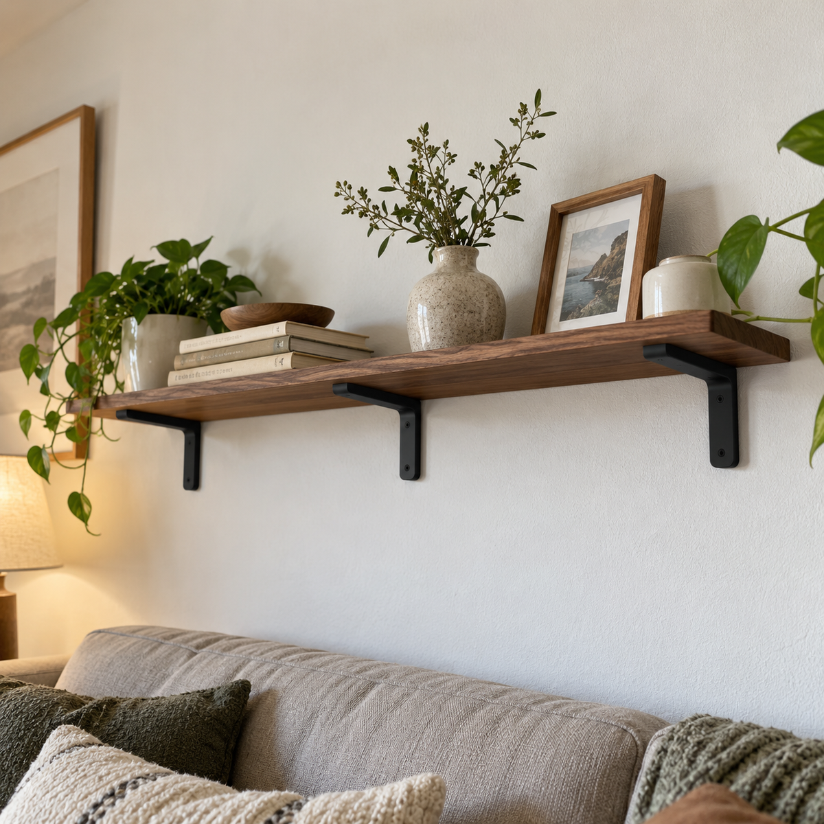 Long Walnut wall shelf above a sofa