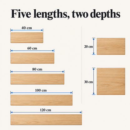 Wall shelf sizes: five lengths and two depths