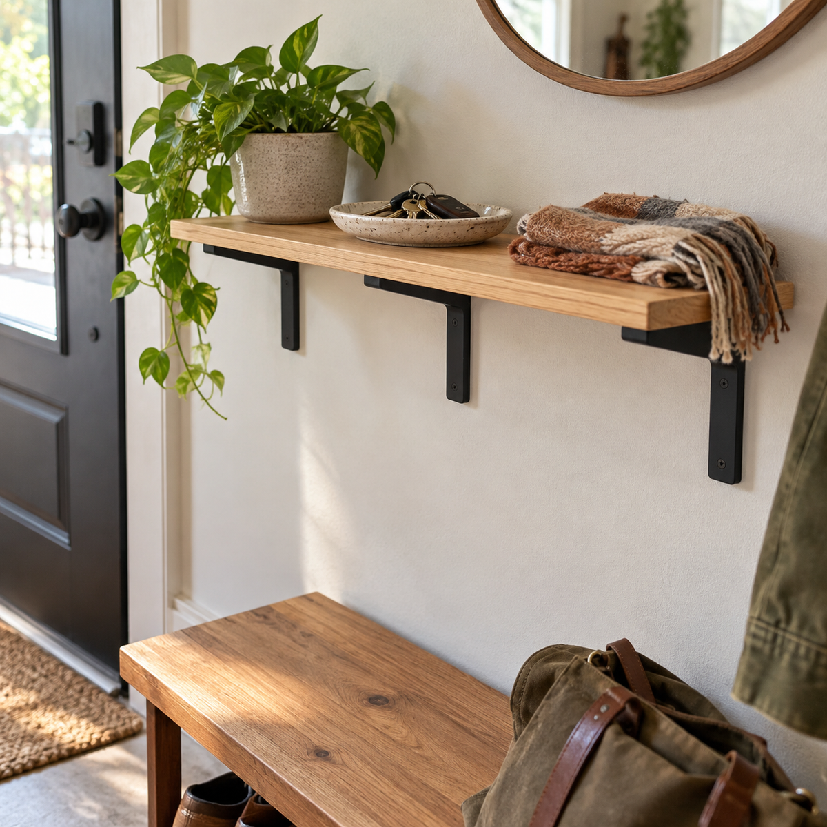 Natural Wood wall shelf above a hallway bench
