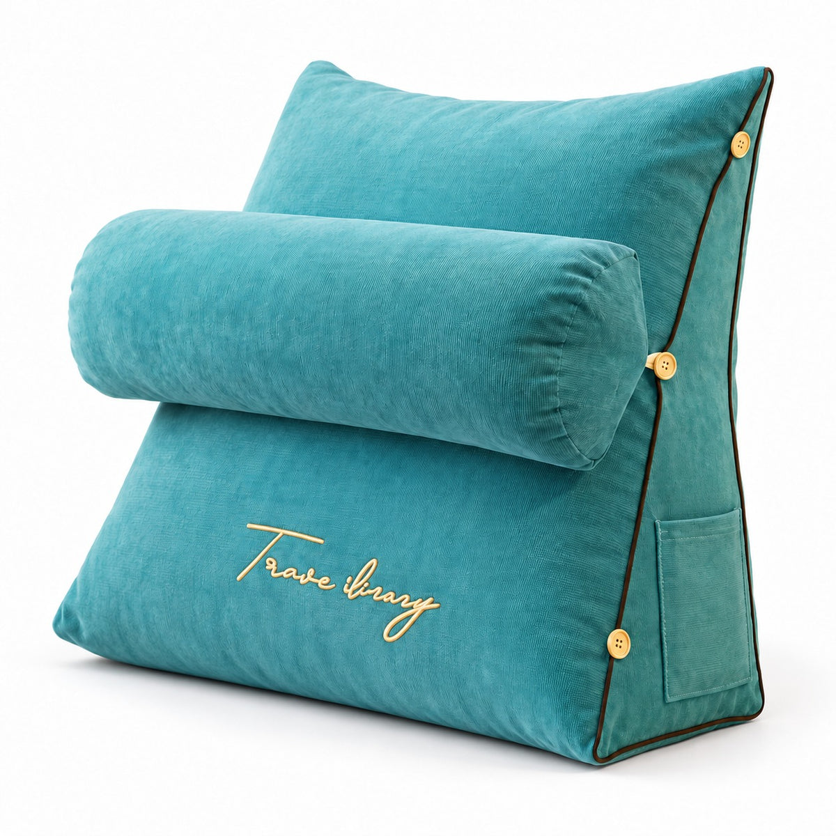 Aqua wedge reading pillow with neck roll, three-quarter view