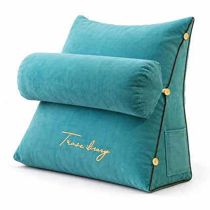 Aqua wedge reading pillow with neck roll, three-quarter view