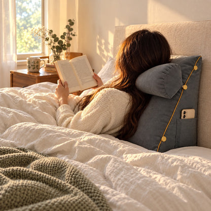 Person reclined in bed reading, back resting on a wedge pillow braced against the headboard