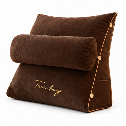 Brown wedge reading pillow with neck roll, three-quarter view