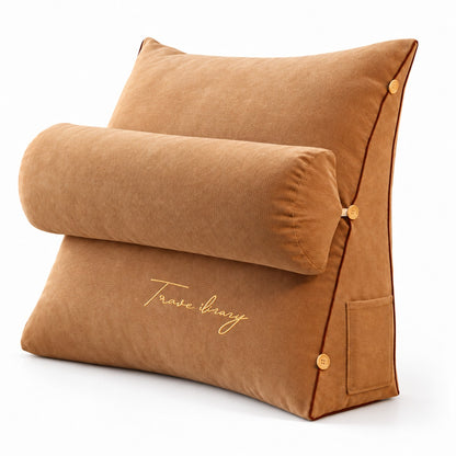 Camel wedge reading pillow with neck roll, three-quarter view