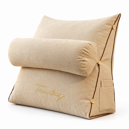 Cream wedge reading pillow with neck roll, three-quarter view