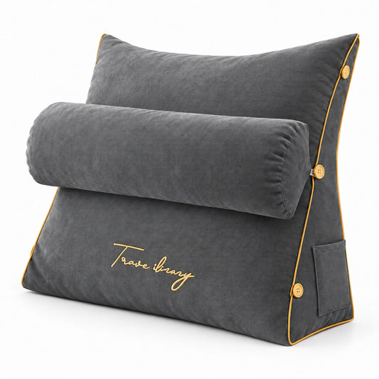 Gray wedge reading pillow with neck roll, three-quarter view