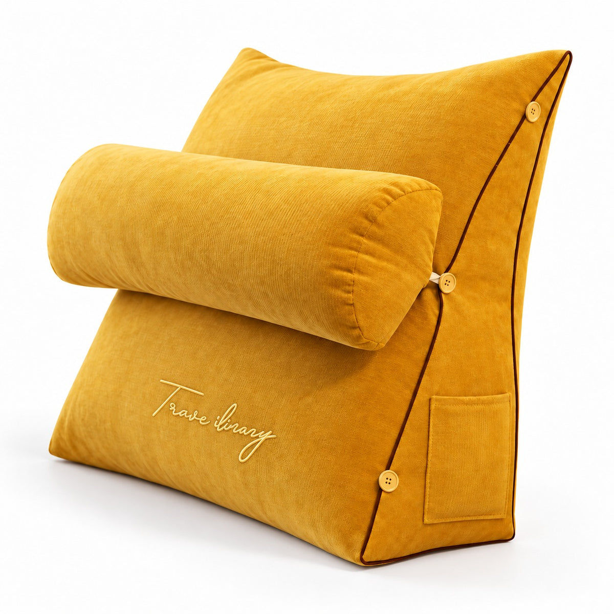 Mustard wedge reading pillow with neck roll, three-quarter view