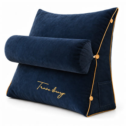 Navy wedge reading pillow with neck roll, three-quarter view