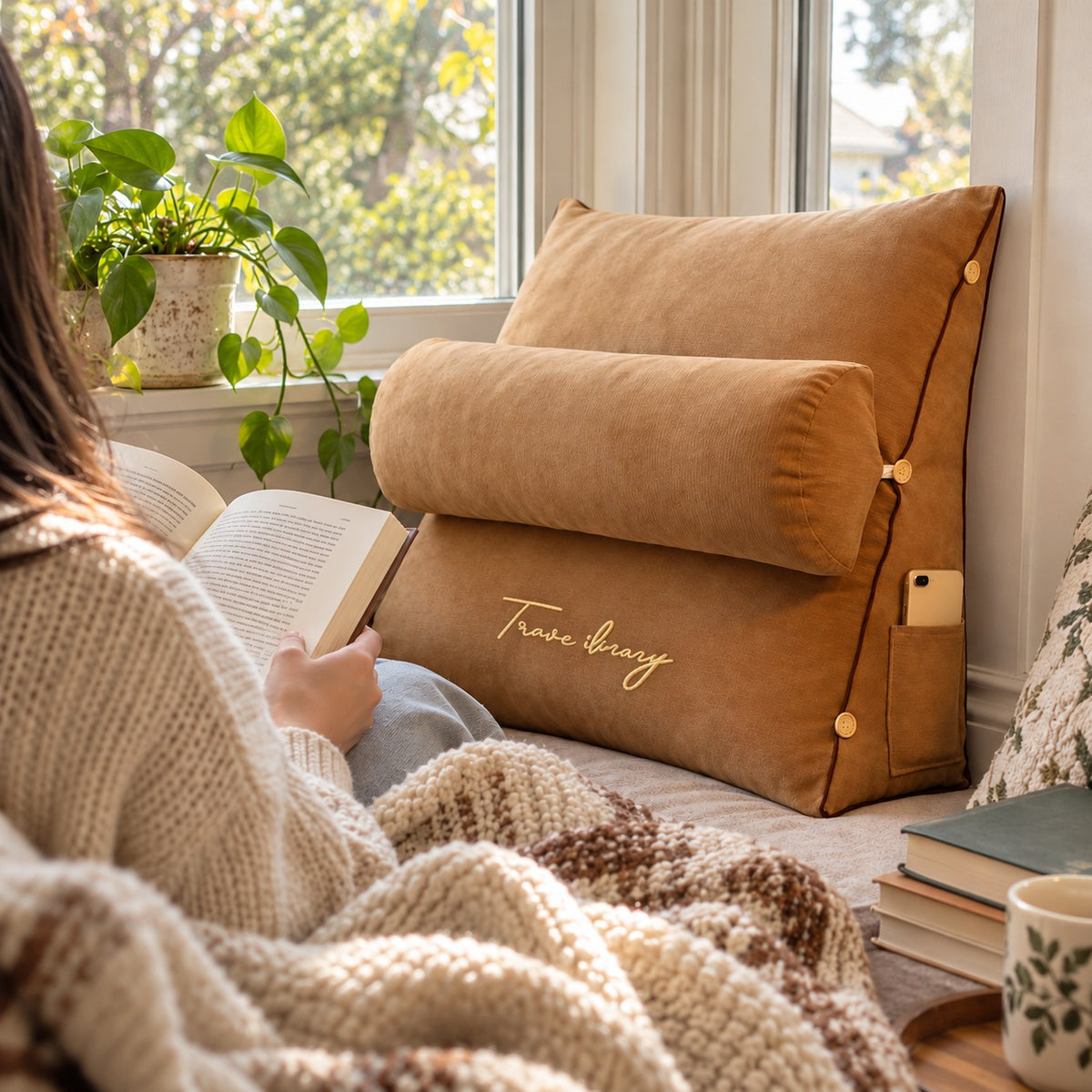 Wedge reading pillow in a window seat reading nook