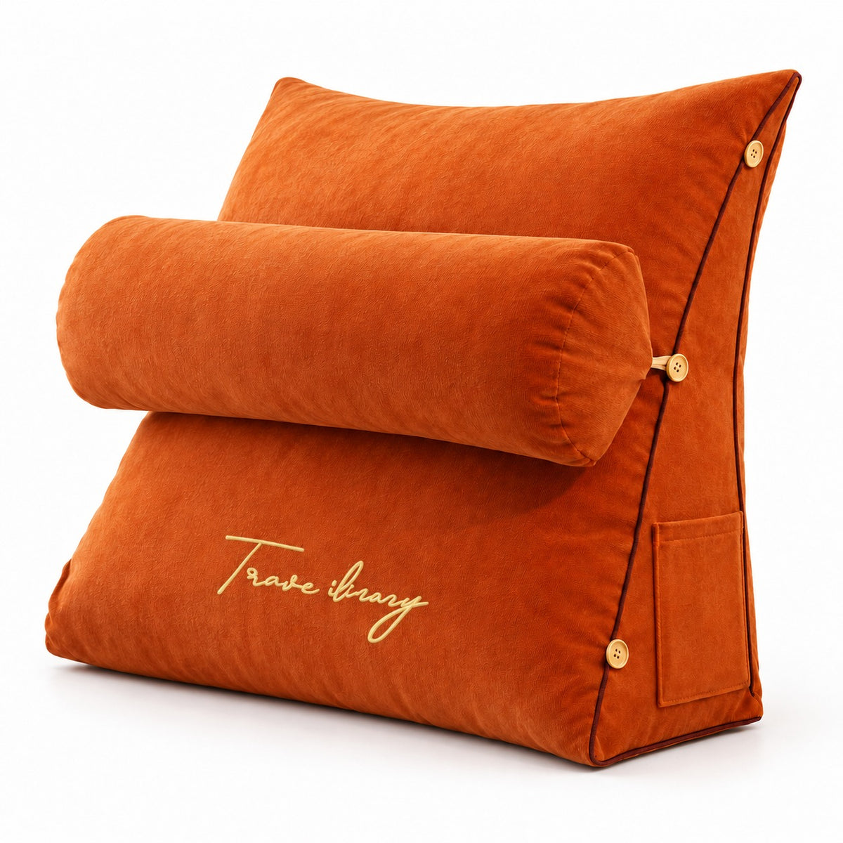 Orange wedge reading pillow with neck roll, three-quarter view